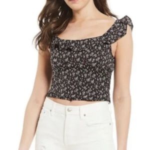 Free People Stay With You Ruffled Blouse Crop Top Floral Black Combo Size XL